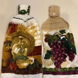 2 Kitchen Hand Towels with Hand Crocheted Button Top Closure
